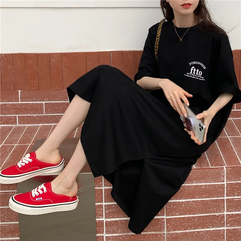 1 Piece plus Size WOMEN\'S Loose Split Knee-length T-shirt Dress Casual Simple Fashionable Letter Print Nightgowns