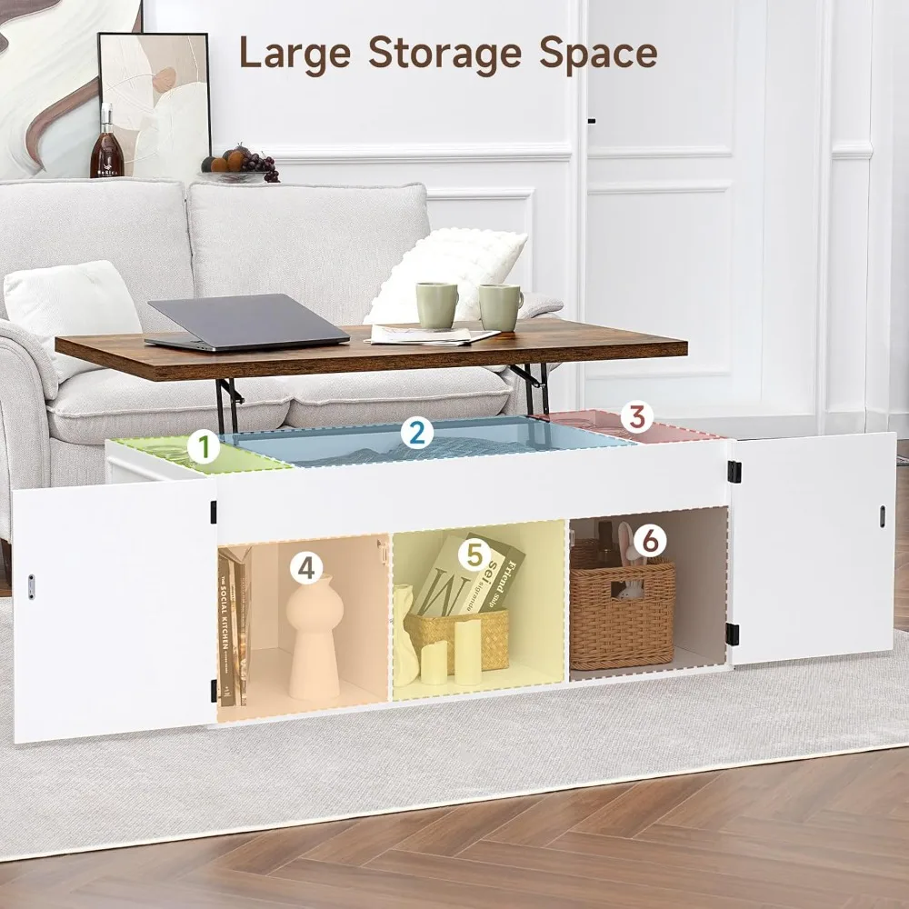 Lift Top Coffee Table with Storage, 48 Rustic Center Table with Hidden Storage Compartment and 2 Cabinet, White Coffee Table