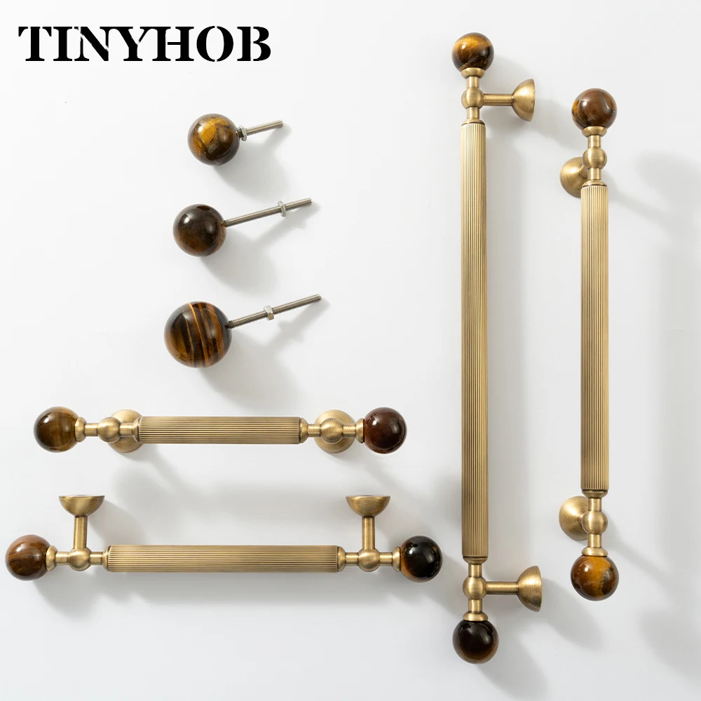 Vertical Line Brass Furniture Handles Natural Tiger Eye Stone Both End Decorative Drawer Pull Knob for Cabinet Closet Dresser