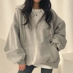 Hoodie extragrande com zíper para mulheres, moletons monocromáticos, moletons casuais, essenciais para mulheres, moda coreana, 2023