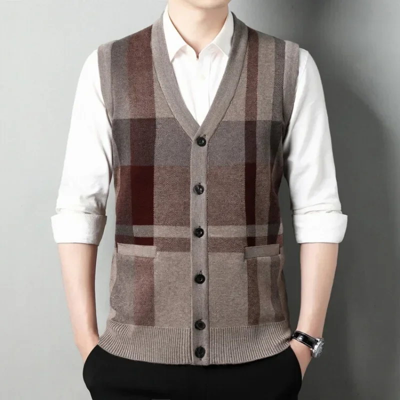 New Men's V-neck Sleeveless Vest, Classic Business Men's Knitted Vest, Cardigan Sweater Tops