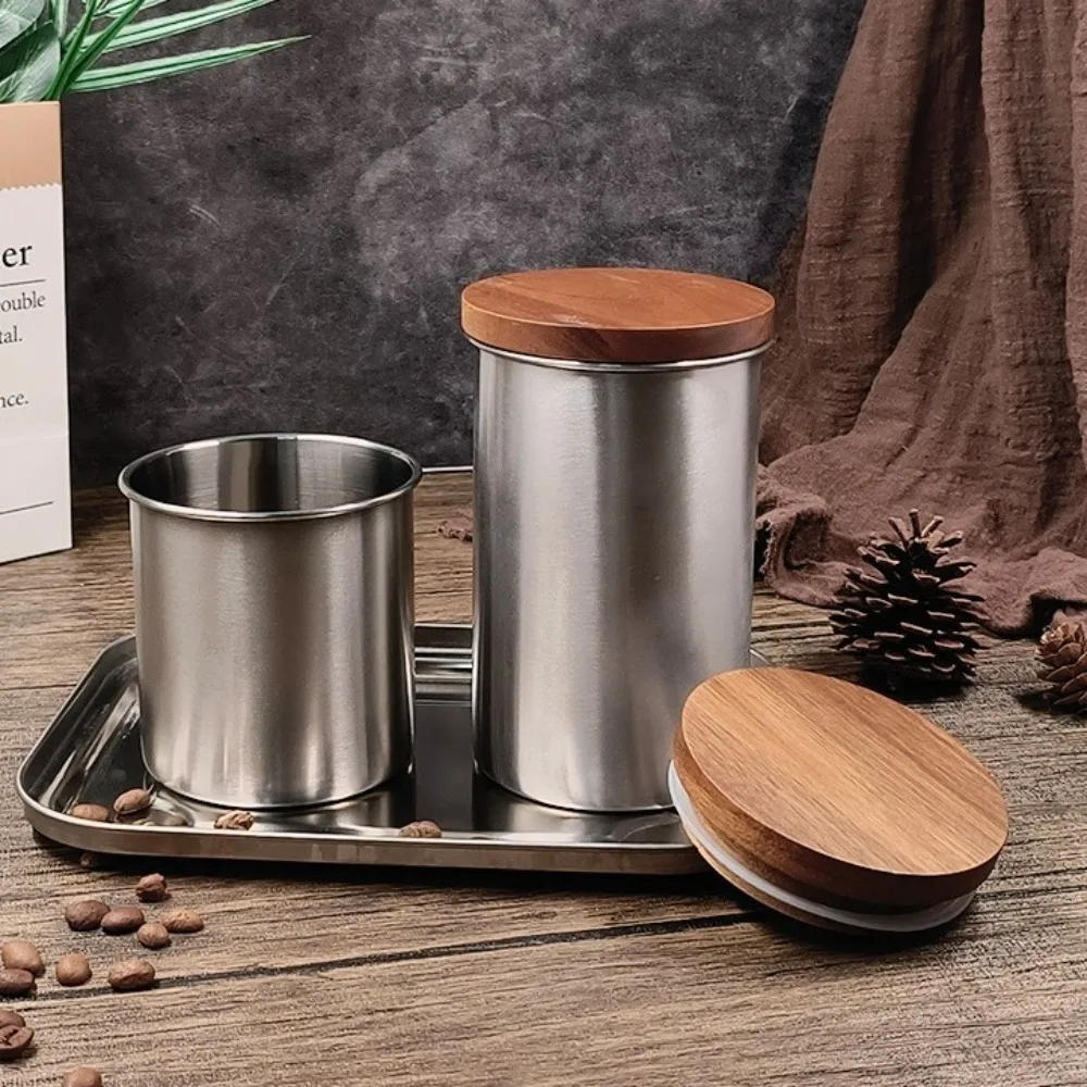 

Кухонные инструменты Портативные канистры для кофе из нержавеющей стали с деревянной крышкой Универсальная банка для хранения кофе Круглые герметичные канистры с орехами