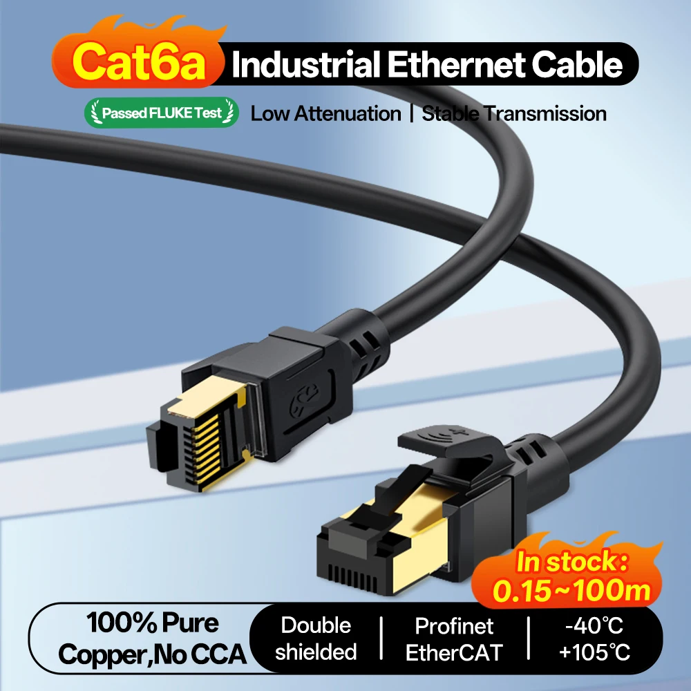 

Industrial Ethernet Cable CAT6A S/FTP Drag Chain 26AWG Pure Copper One-Piece Molded RJ45 -40℃~105℃ High Temp For PLC Automation