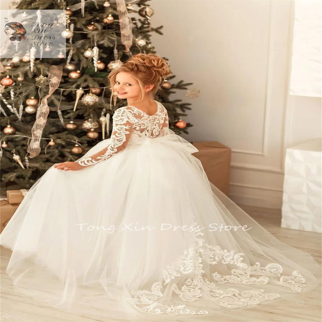 

Lace Tulle Flower Girl Dresses For Country Garden Weddings Sheer Long Sleeves Appliques Big Bow Sash Back Girls Formal Birthday