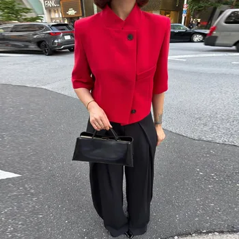 Women's Short-Sleeve Summer Blazer 3 Ladies Commute Short Sleeve Blazer Women Summer Elegant Stand-up Collar Short Blazer New Trendy High Street Casual Blazer Female 3