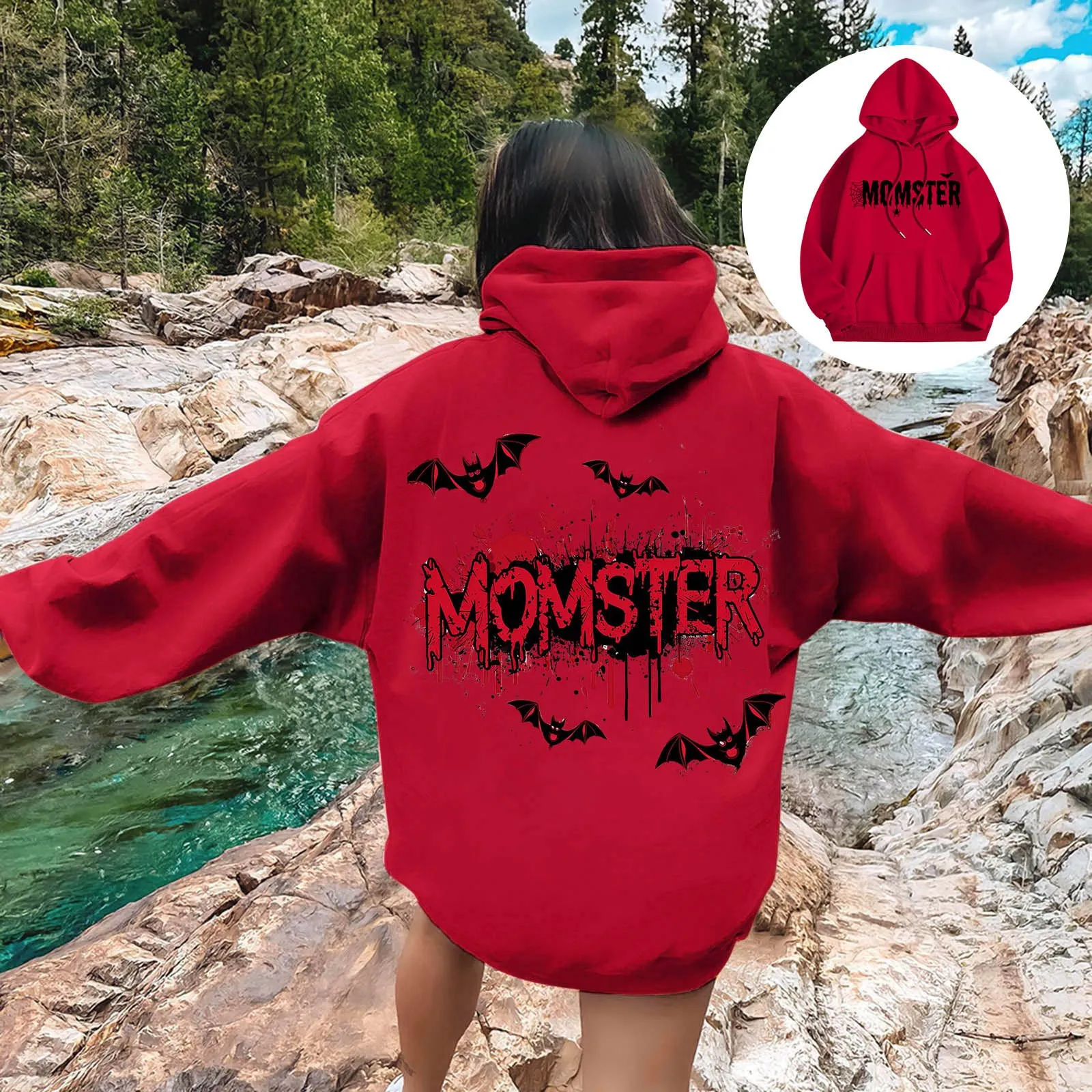 

MOMSTER Bat Bloody Print Ladies Halloween Hoodie Solid Color Fashion Loose Casual Hoodie Trend Personality Comfortable Jumper