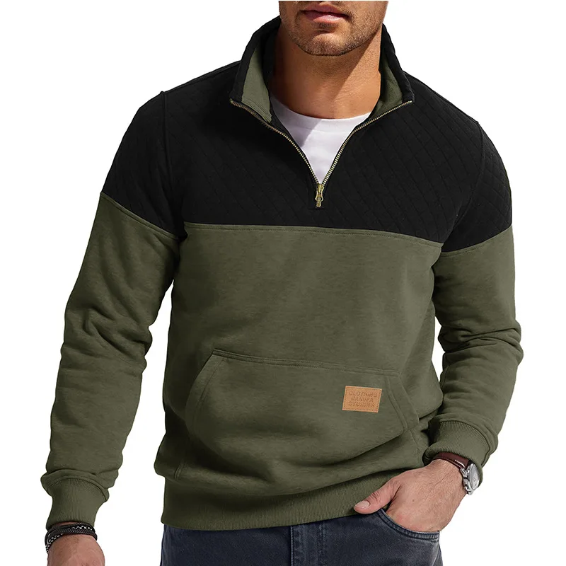Fashion American Thickened Winter Casual Color-blocking Loose Men's Stand Collar Zipper Versatile Loose Sweatshirt