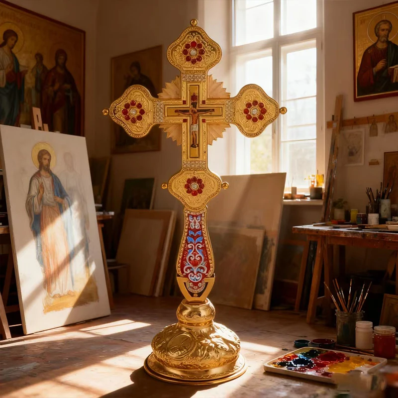 Vergoldetes Orthodoxes Standkreuz mit Emaille- und Kristalleinlage und Kruzifix-Ikone, Hochwertiges Kirchenaltar-Kreuz für Liturgie und spirituelle Zwecke – Detail 5