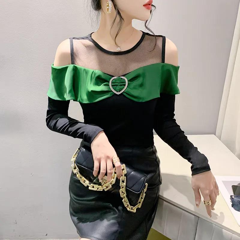 High-End Custom Women Sexy Off Shoulder Long Sleeve T-Shirt Streetwear Girl Chic Love Diamonds Tops New Fashion Slim Tee Blusas