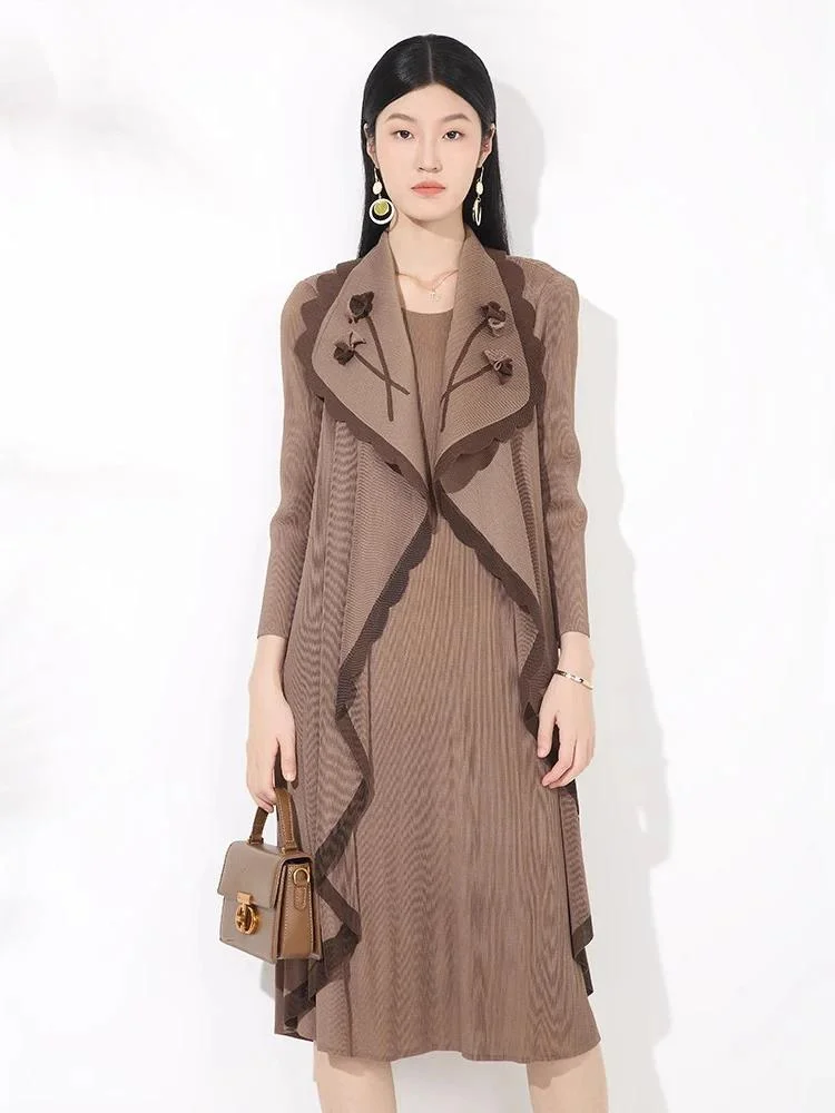 Temperament Spliced Pleated Coffee Women's Dress 2025 New Style Lapel Design Pullover Fake Two-piece Dresses 2C0QH