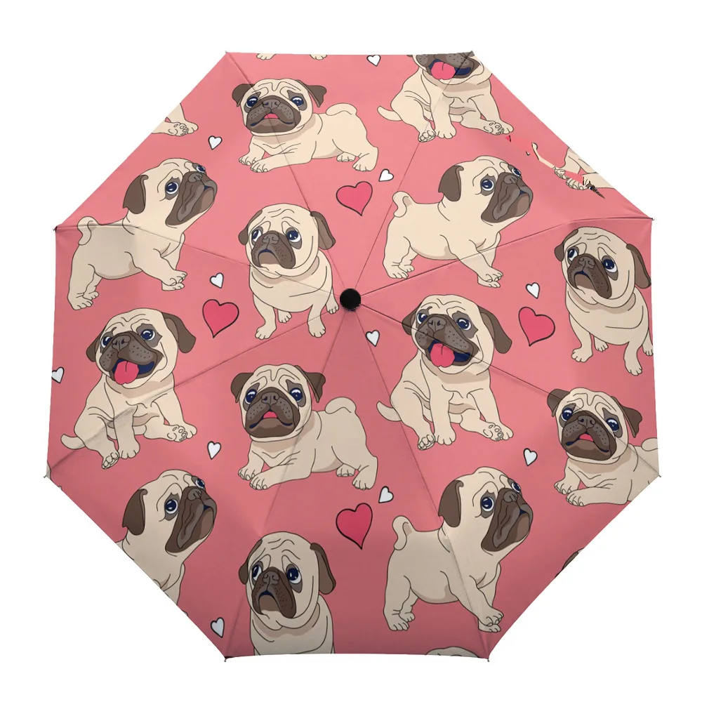 Dog Pug Cartoon Non Automatic Umbrella Men Women Rain Windproof Outdoor Travel Sun Three Folding Umbrella Gift Parasol