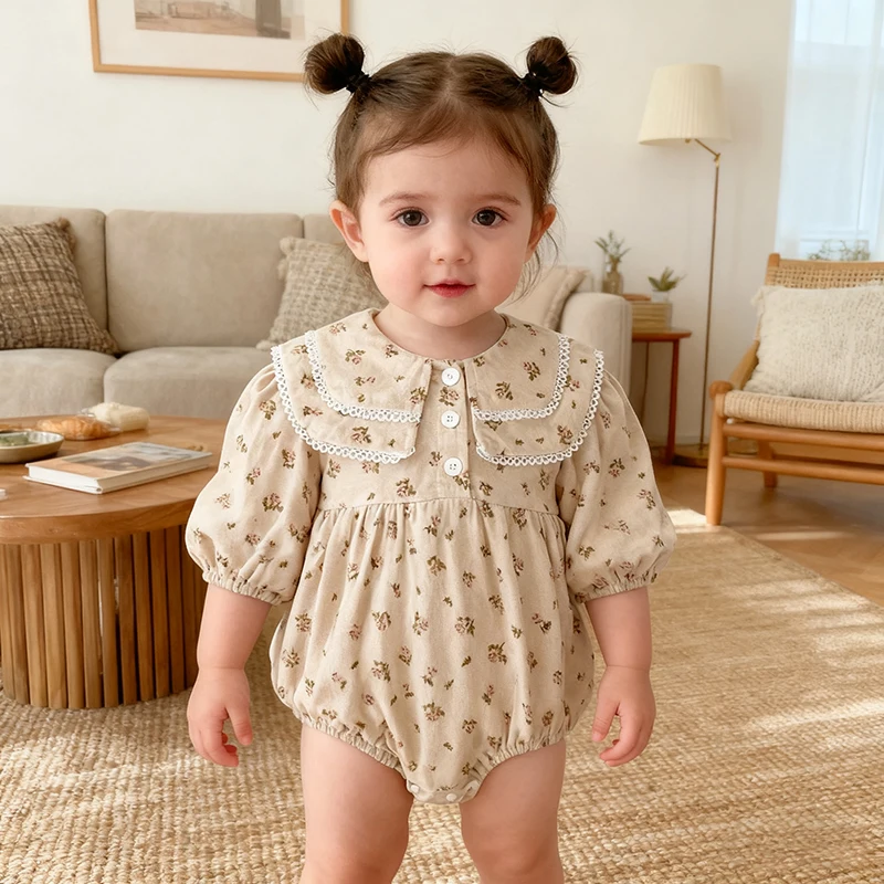Herbst 0-24M Neugeborenen Strampler Infant Baby Mädchen Kleidung Prinzessin Musselin Revers Floral Strampler Kinder Onepiece Mode baby Kleidung