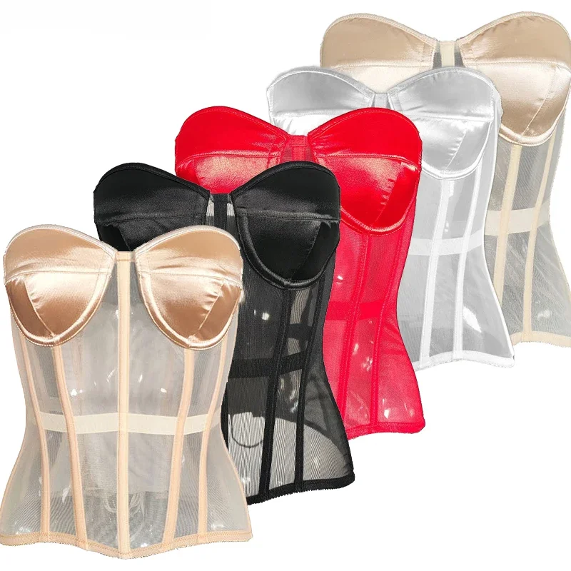 

Women's Satin Underbust Corset Bustier Waist Training Cincher Plus Size See Through Bodyshaper Lace-up Boned Tops Bra Shapewear