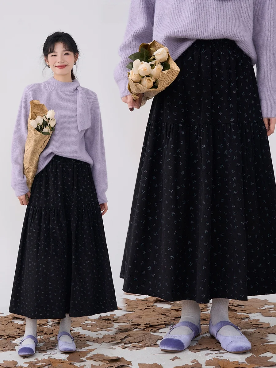 

Heme Floral Print Corduroy A-Line Skirt Women's Spring Autumn High Waist Casual Sle with Dry Flower Falling