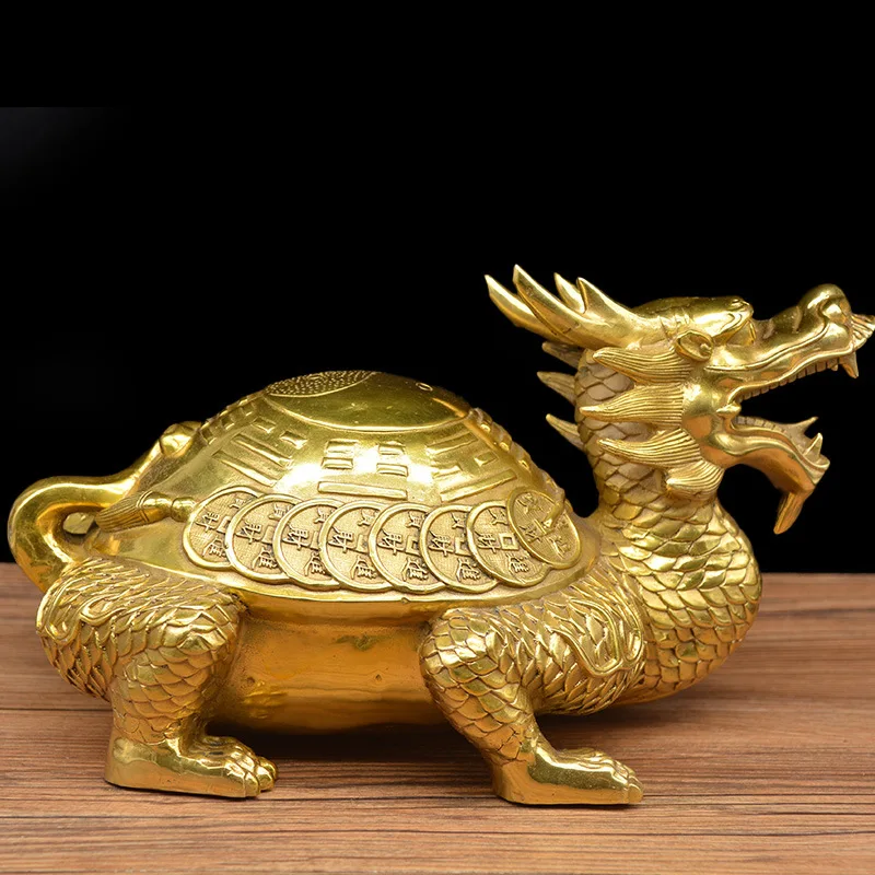 Large brass dragon turtle ornament, featuring the Eight Trigrams, for home decor