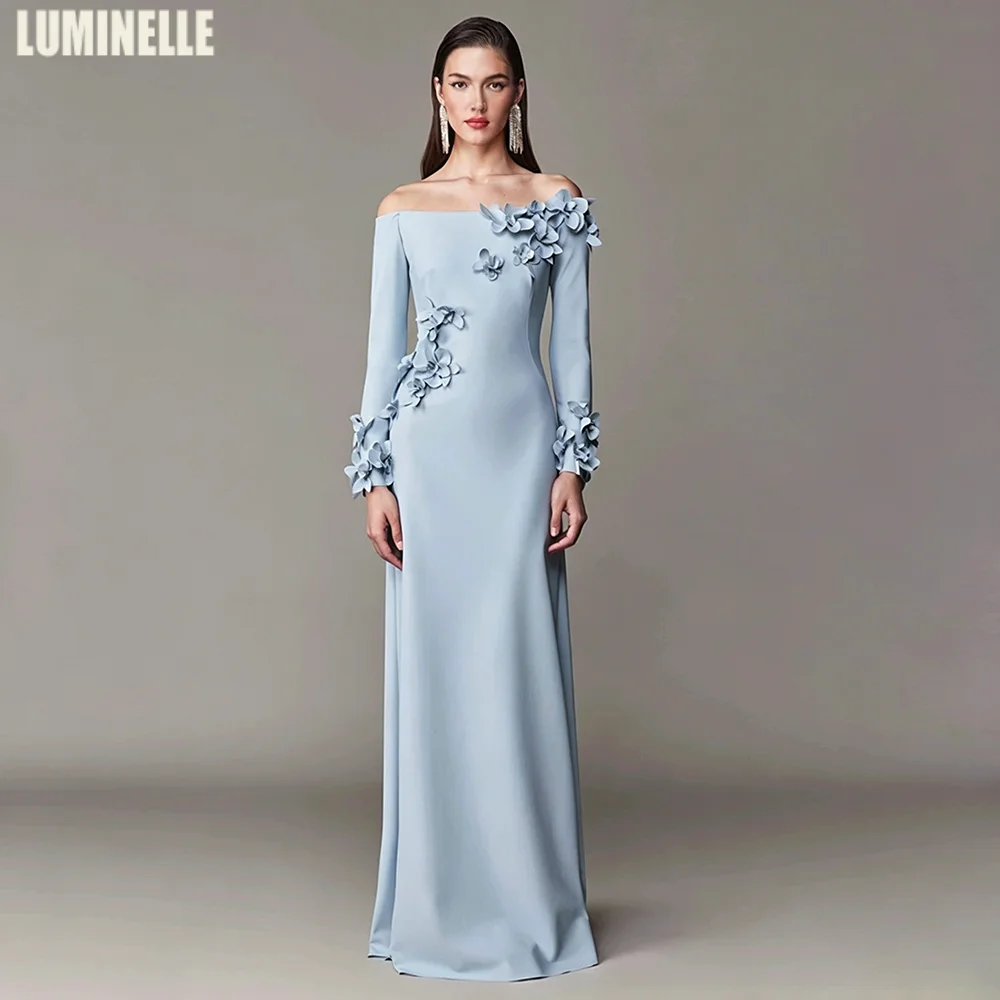 Light Blue Evening Dress Customized Boat Neck Long Sleeves Flowers Straight Formal Occasion Dresses Saudi Arab Prom Gown