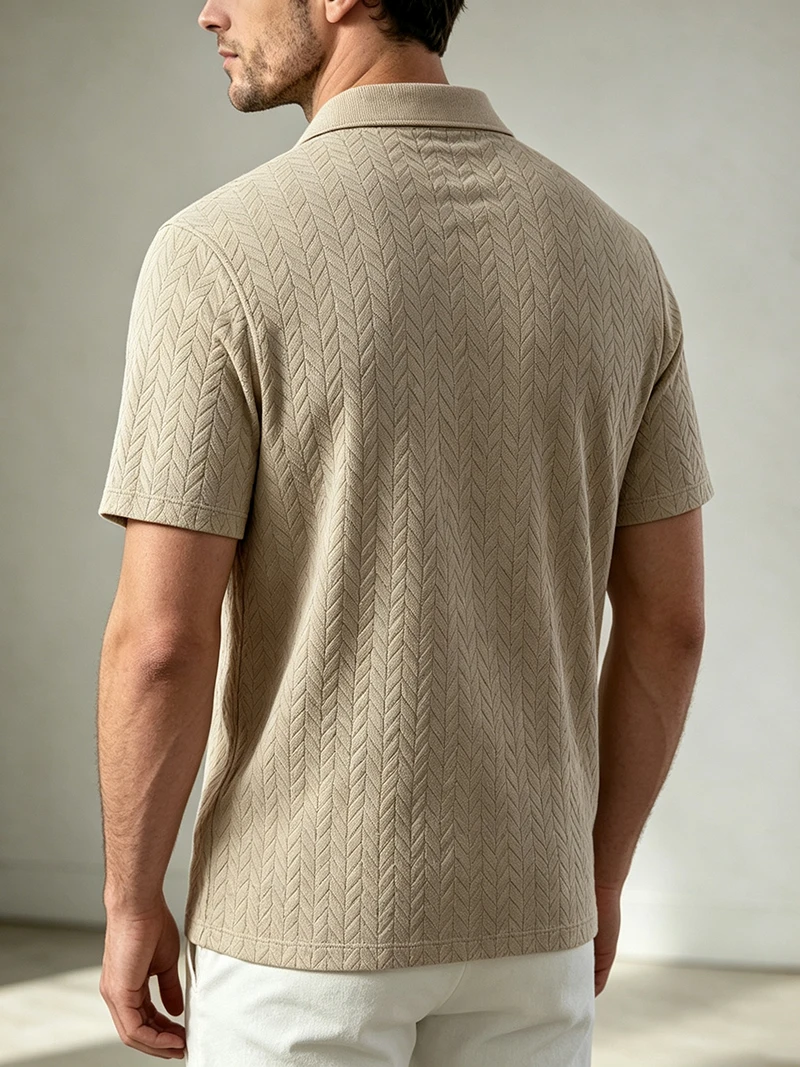 Herren-Poloshirt mit strukturiertem Jacquard-Muster, kurzärmelig, lockere Passform, vielseitig einsetzbar, für den Alltag, für den Urlaub, für die Freizeit, für den Sommer, Freizeitoberteile – Detail 5