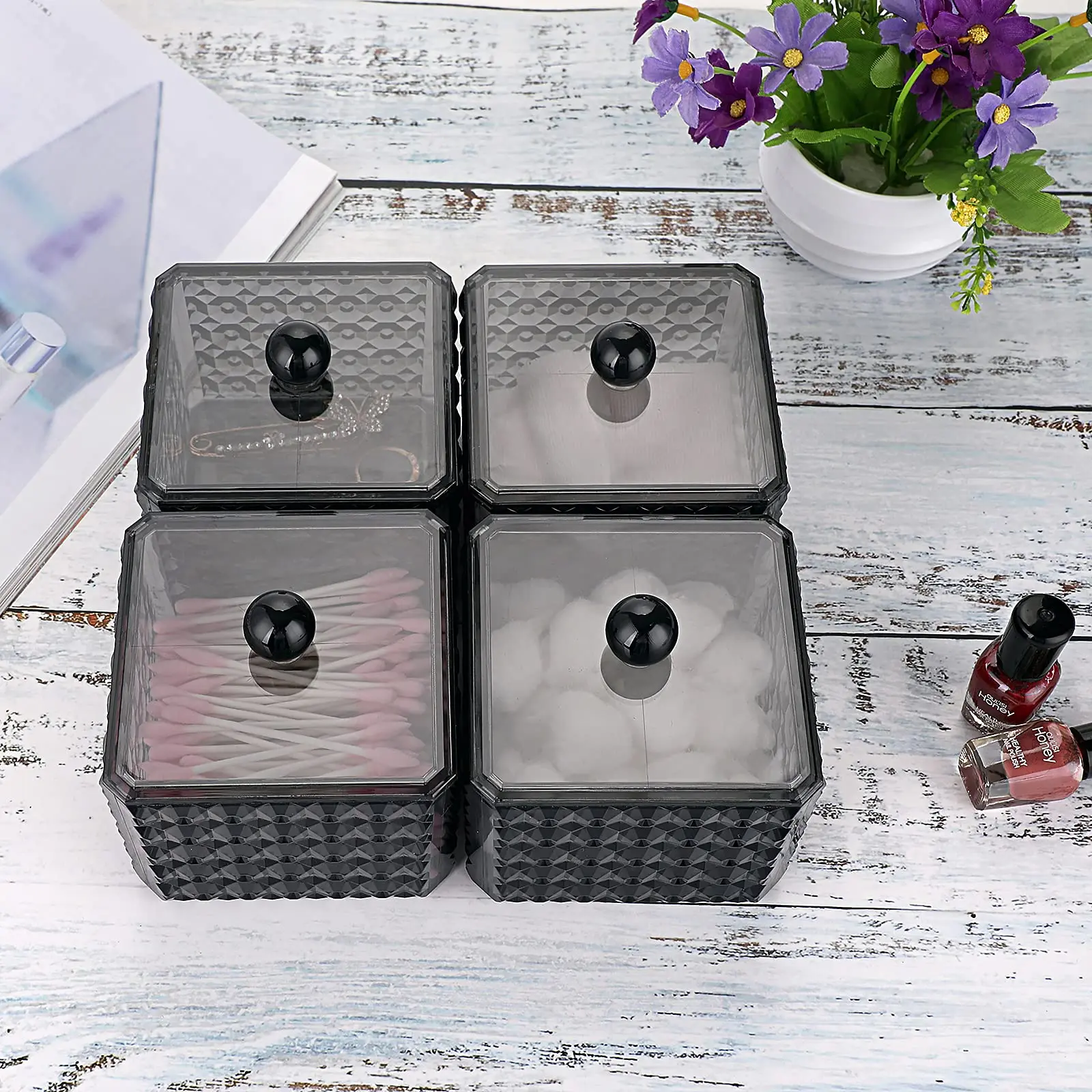 4Pcs Cotton Swab Ball Pad Holder Acrylic Apothecary Jar Dispenser Cotton Balls Canister Jar with Lid, Bathroom Storage Organizer