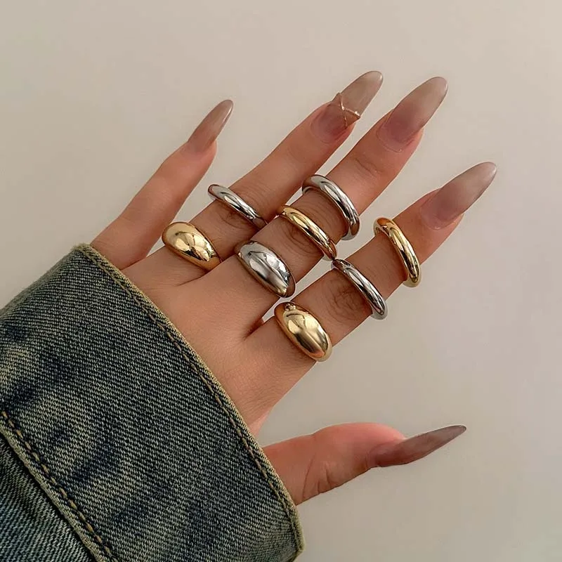 8Pcs/Set Fashion Metal Smooth Water Drop Rings for Women Vintage Gold Color Geometric Adjustable Open Finger Nail Ring Jewelry