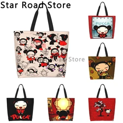 Custom Kawaii Cartoon Anime Pucca Shopping Tote Bag Portable Groceries Shoulder Shopper Bag for Woman