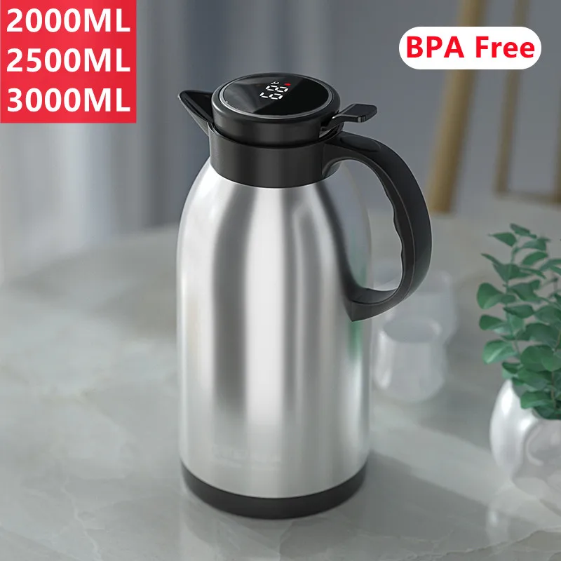 

2000/3000ML Large Capacity Stainless Steel Thermos Carafe Home Coffee kettle Kitchen Tea Pot Pitchers Display Temperature Bottle