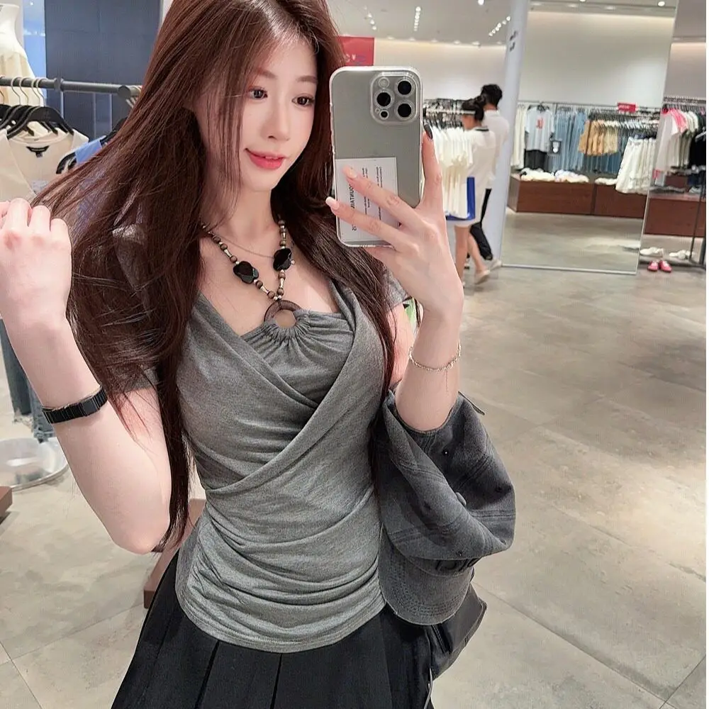 Slimming plus Size Short Sleeve T-Shirt Women's Summer Fashion Folded Waist Cinched Neckline Beaded Casual Polyester Top