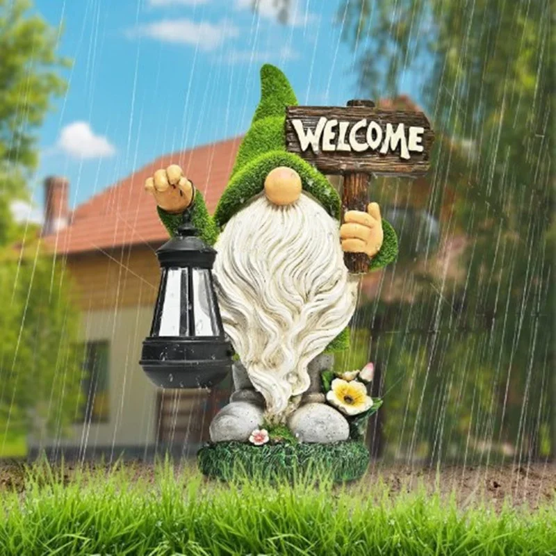 Outdoor Garden Resin Dwarf Statue Lighting Guide Solar Led Lantern Welcome Sign Flocking Dwarf Courtyard Lawn Large Decoration