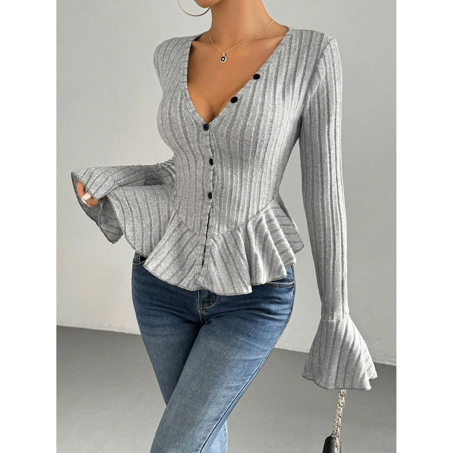Elegant Style Long Sleeve V-Neck T-Shirt Bodycon Fit Polymodal Fabric Bell Sleeve Trendy Top for Women Spring Summer New Arrival