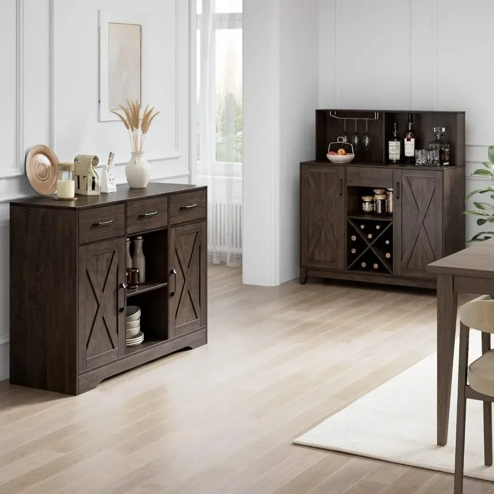 Moderner Bauernhaus-Kaffee-Barschrank, Wein- und Alkoholbarschrank mit Scheunentüren und Aufbewahrungsschrank, Küchen-Sideboard-Buffet, Dunkelbraun