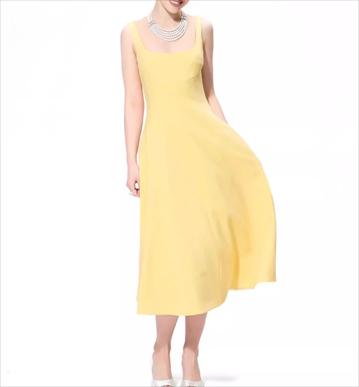

Yellow Sleeveless Dress Women Square Collar High Waisted Vestidos Bodycon Streetwear Chic Cloth Lady Summer