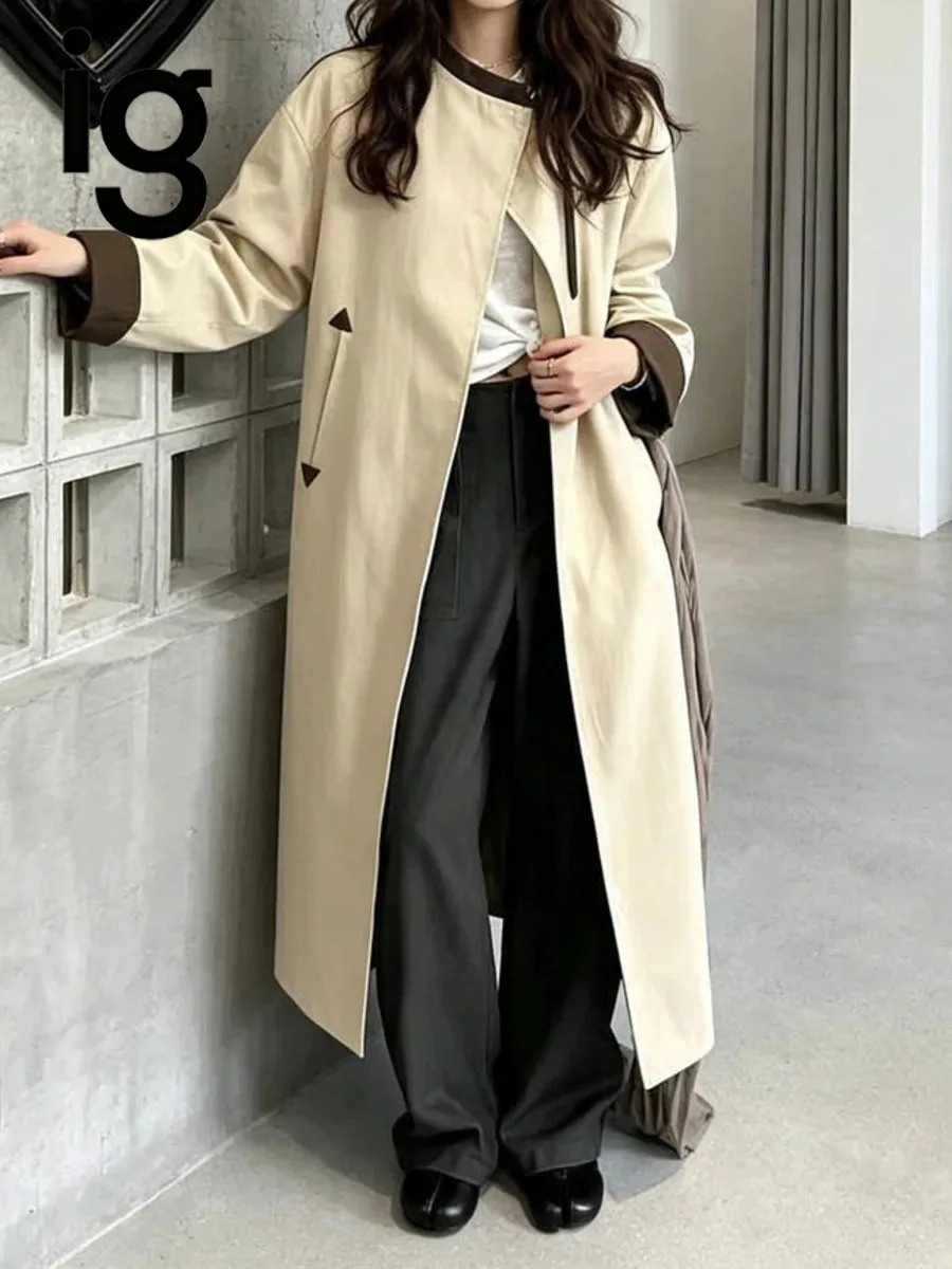 IG 2026 Women Crew Neck Contrast Trim Long Open Front Trench Coat Oversized Drop Shoulder Loose Minimalist Outerwear Jacket