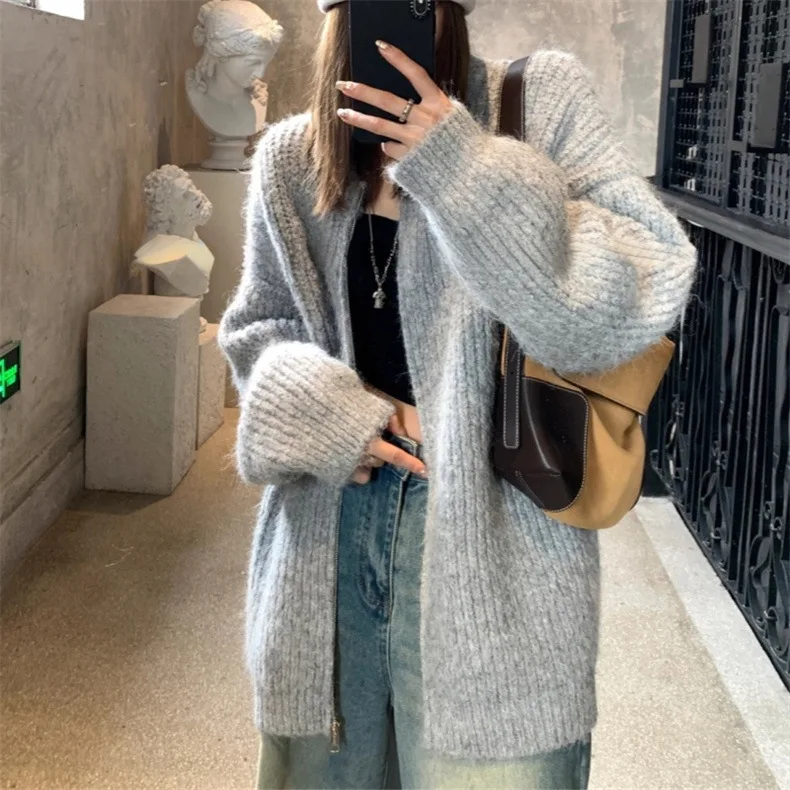 

High-end Knitted Sweater Jacket Women's Autumn and Winter Women's Zipper Mid-length Lazy Style Korean Loose Casual Top