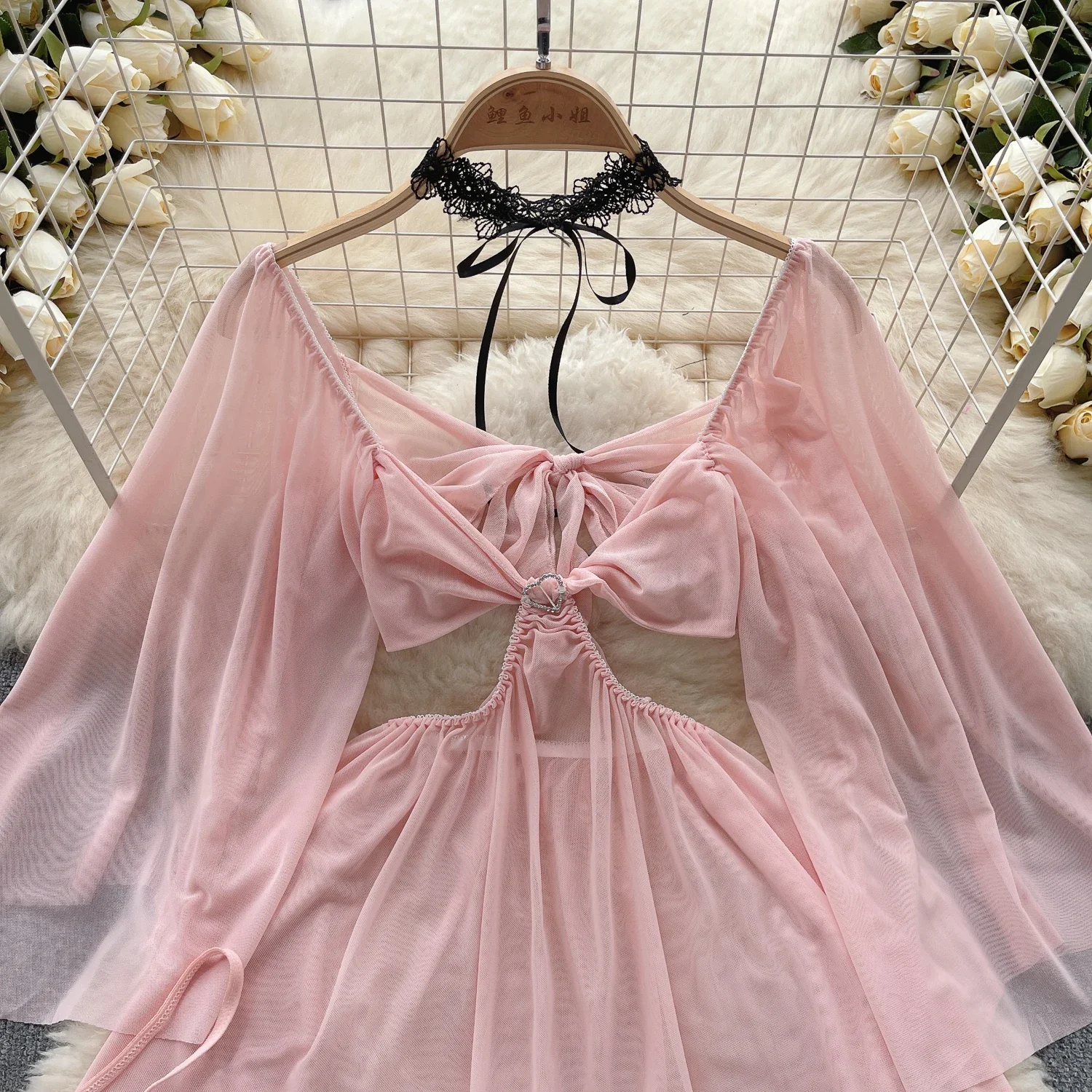 透かし彫りメッシュセクシードレス レディース シースルーAライン水着+Tバック 2025 シアー エロティック ポルノ官能的ミニナイトドレス