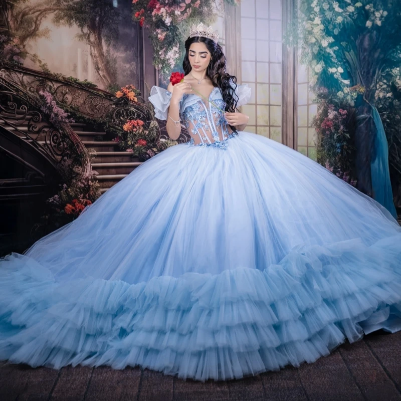 

Sky Blue Quinceanera Dresses Off The Shoulder Applique Lace Beading Tiered Tull Party Birthday Sweet 16 Dress Vestidos 15 Anos