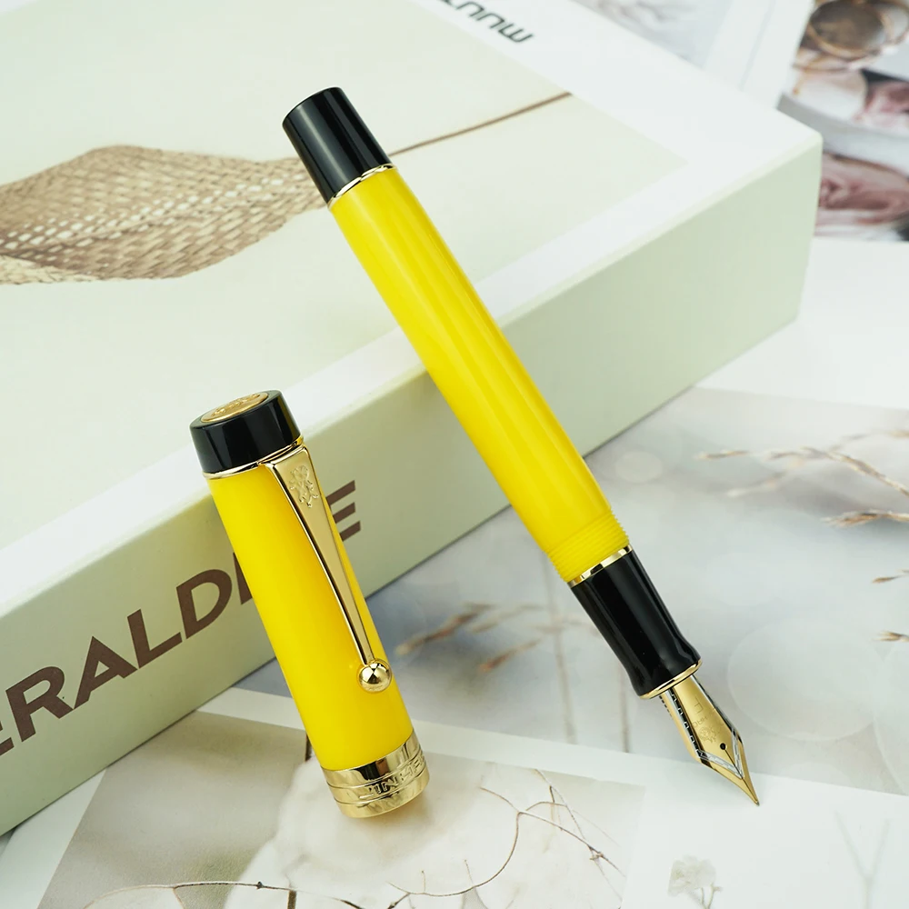 Jinhao 100 Centennial Yellow Resin Fountain Pen Golden Clip EF/F/M/Bent Nib Ink Pen with Converter for Business Office Writing