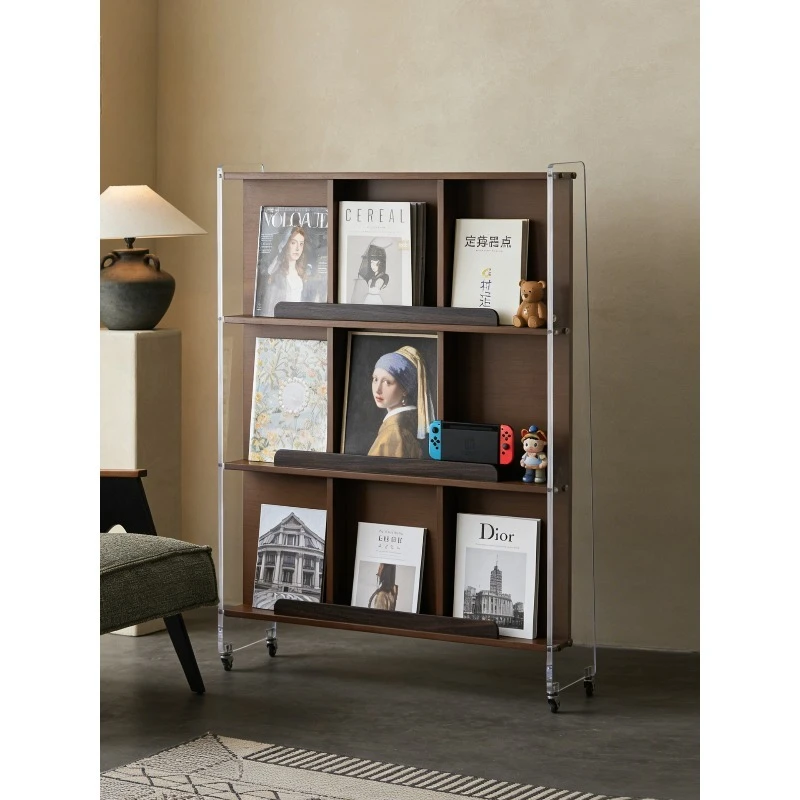 Solid wood bookshelf, simple study floor shelf, ultra-thin book and newspaper shelf against the wall