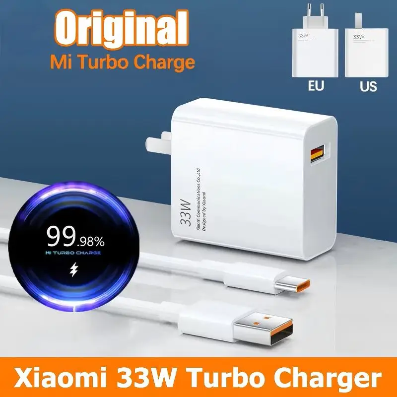Carregador Original Xiaomi 33W com Carga Rápida Turbo e Cabo Tipo C 6A para Mi 11 10 9 POCO M5s X3 Pro M2Pro F2Pro X2 F3 Redmi K30 K40