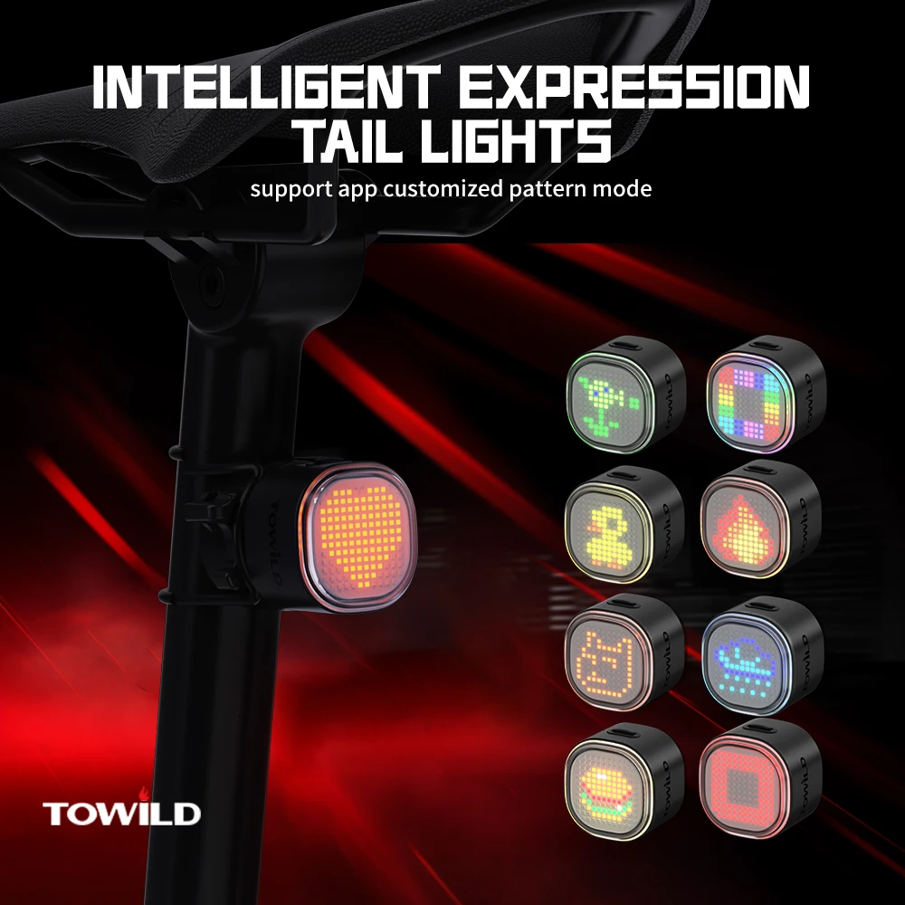Towld tl08 expressão inteligente lanterna traseira 140 led sensor de freio bluetooth luz traseira da bicicleta personalizável lanternas traseiras