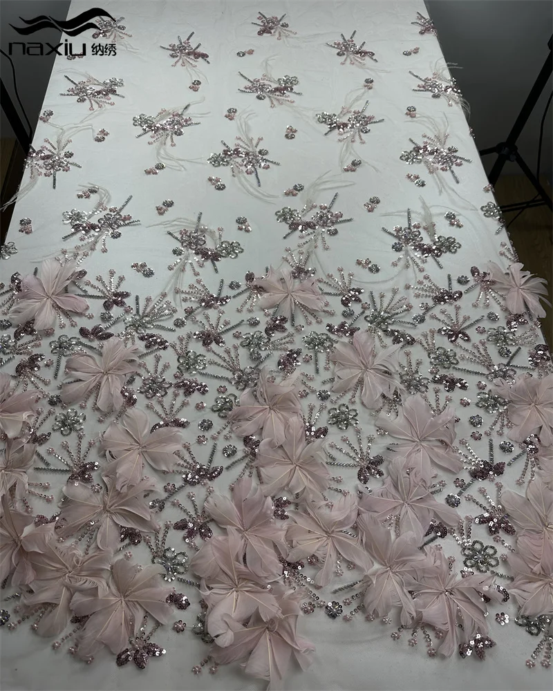

Madison 3d Feather Mesh Lace Fabric High Quality Luxury African Tulle Sequins Lace Fabric Nigerian Net For Bride Wedding Dress