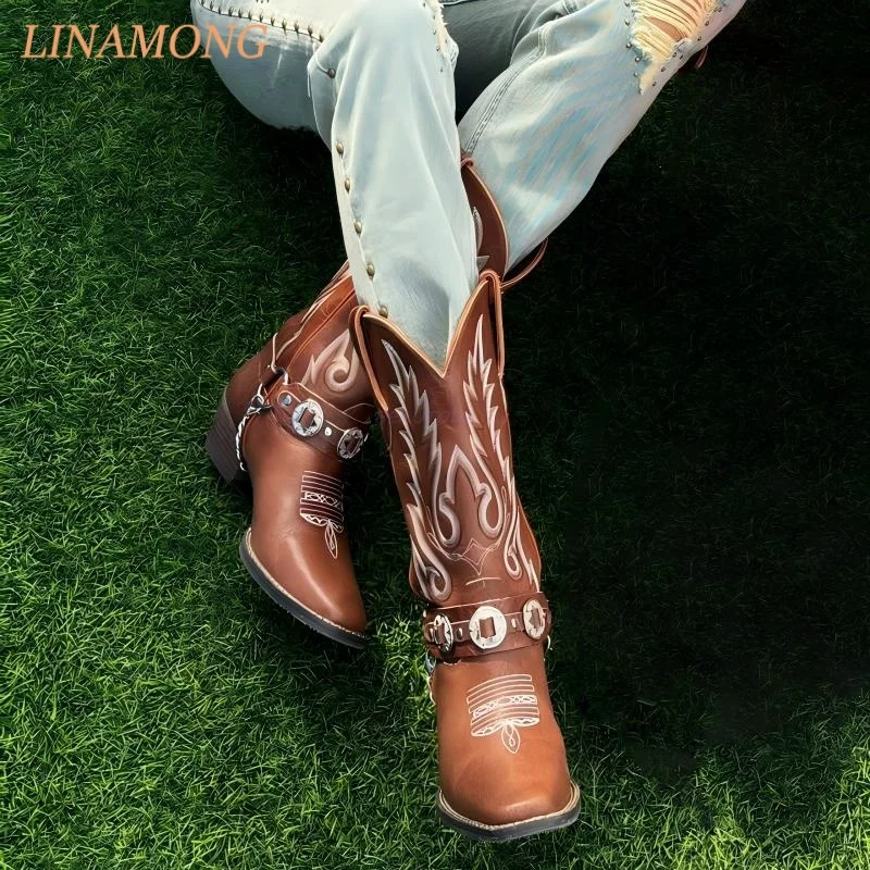 Western Cowboy Tall Boots Leather Ornate Floral Scroll Stitch Concho Buckle Strap Point Toe Elevated Block Heel Casual boots