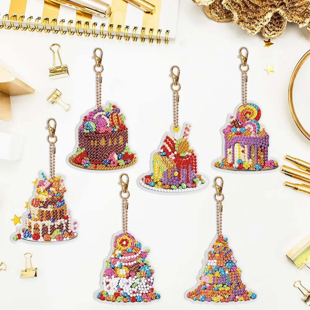 

DIY Diamond Painting Keychain Handmade Diamond Colourful Cake Dessert Cartoon Keychain GemKeychain Double-Sided ladies Bag Pend