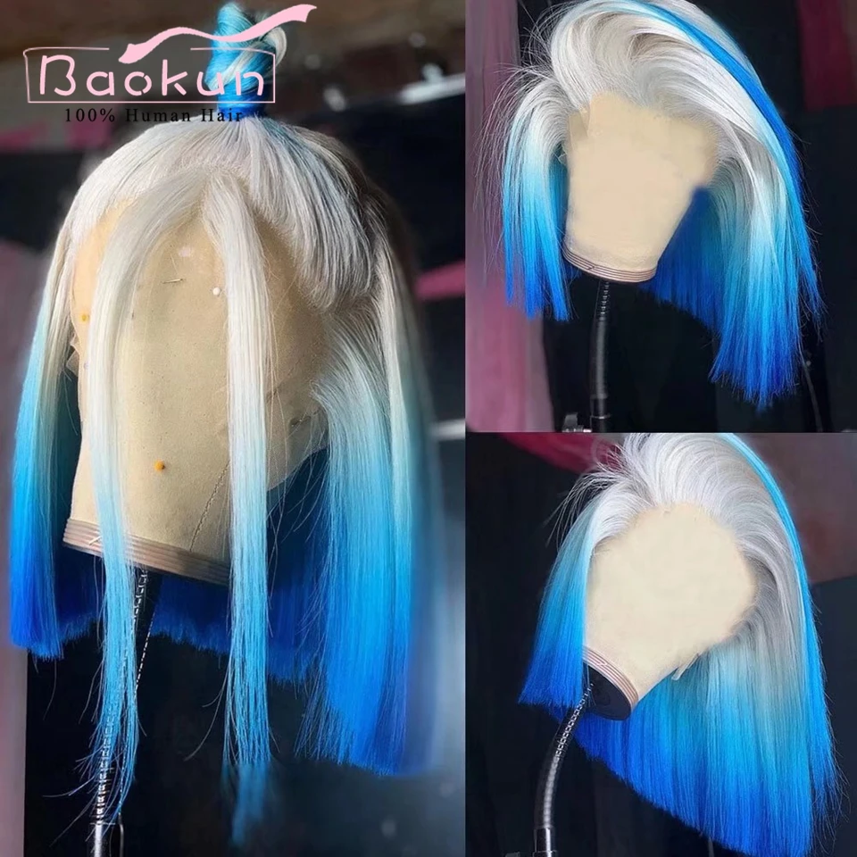 Peluca de cabello humano con encaje Frontal para mujer, postizo de color azul, rosa, púrpura, Bob, HD 360, transparente, Remy, corto, degradado