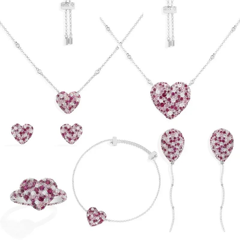 

Komm S925 Sterling Silver Purple Red Love Heart Shaped Ring Balloon Earrings Bracelet Necklace Women Wedding Party Sweet Jewelry