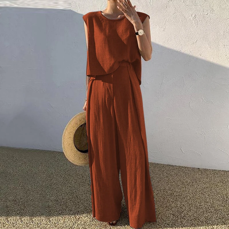 

New Fashion Simple Cotton Linen Solid 2Pc Set Elegant O-neck Pullover Top & Long Pant Suit Women Casual Sleeveless Loose Outfits