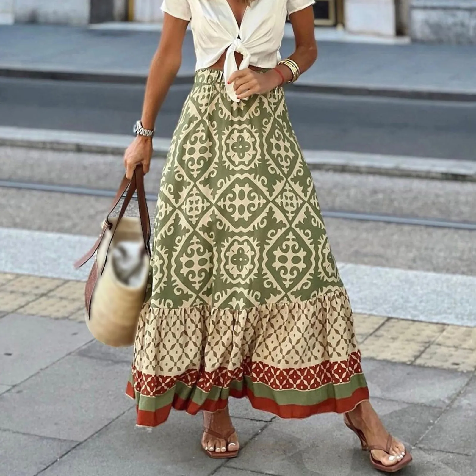 Women's 2024 New Summer Skirts High Waisted Large Hemline Retro Ethnic Tribal Style Mysterious Printed Patchwork Pleated Outfits