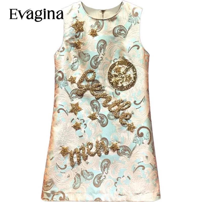 Evagina Fashion Sequins Embroidery Jacquard Mini dress 2023 Spring Summer New Women's Sleeveless Holiday Elegant Dresses