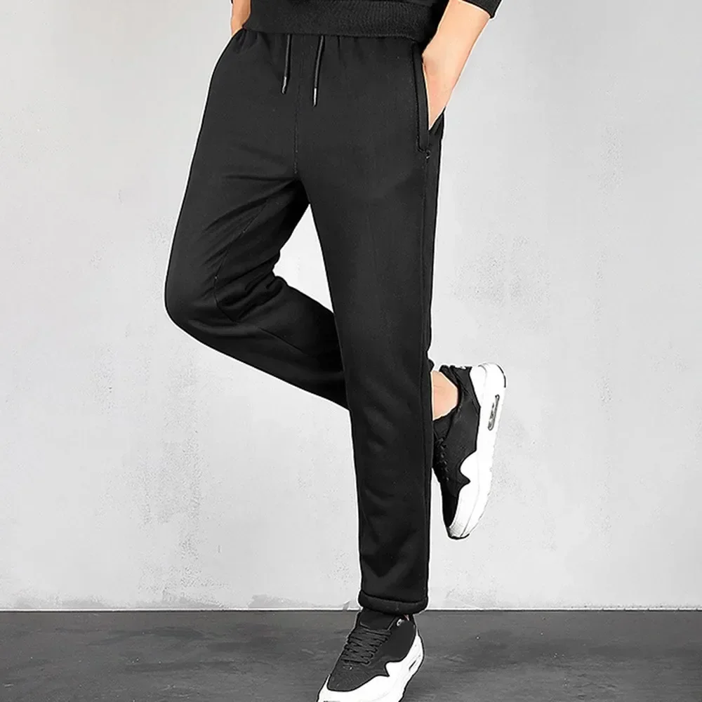 Men's Winter Warm Stretch Thermal Trousers Casual Middle Waist Slim Athletic Pants Fleece Lined Thick Bottoms Sports Joggers