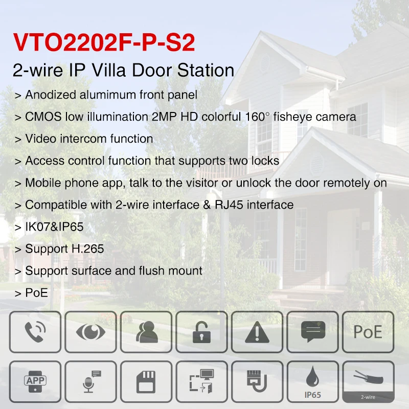 Dahua VTO2202F-P-S2 2-wire IP Villa Door Station Multi-Language 2MP H.265 Colorful 160° fisheye Camera Built-in Speaker Doorbell