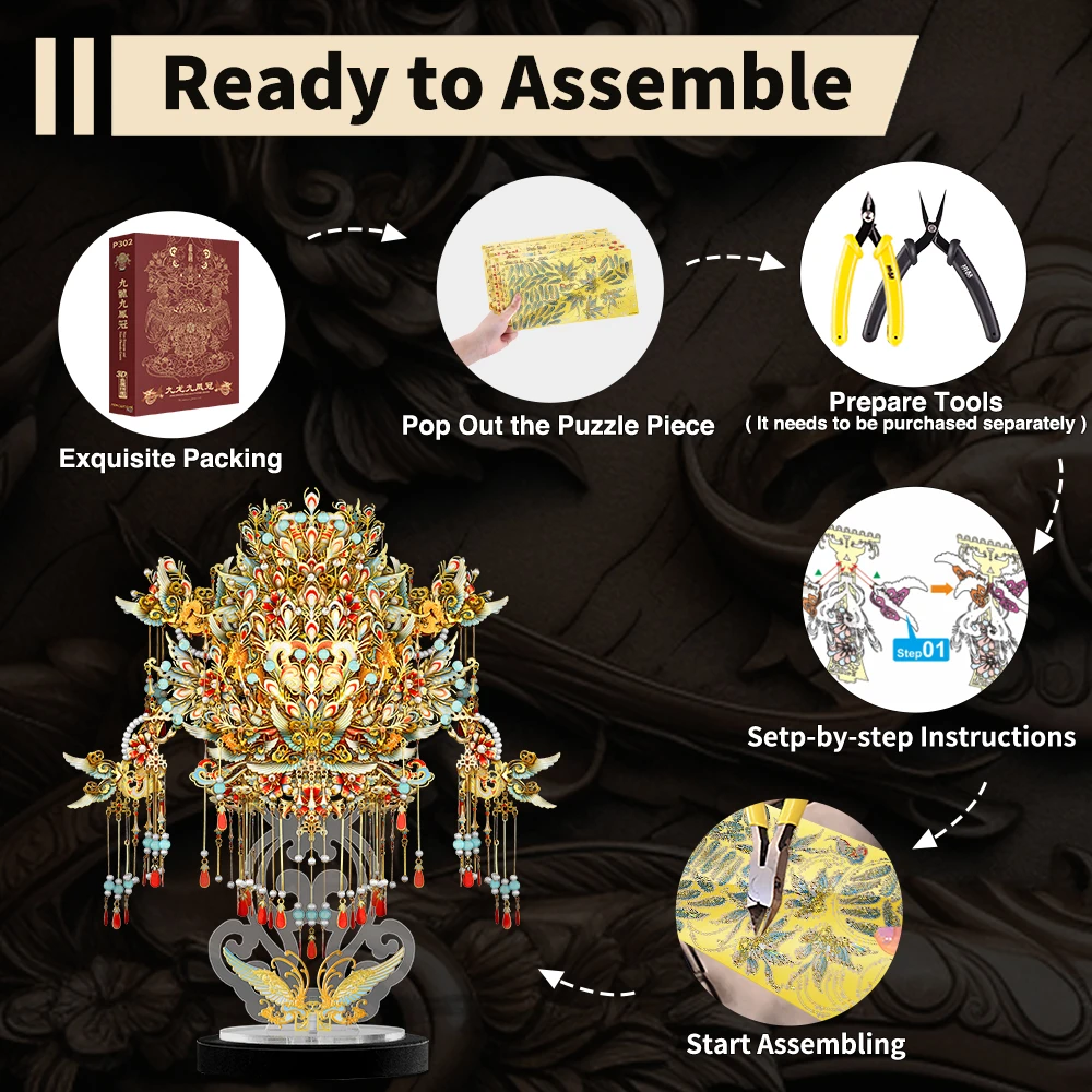 Piececool 3D Puzzles Nine Dragons and Nine Phoenix Crown Metal Assembly Model Kits DIY Set for Adult Jigsaw Gifts for Collection