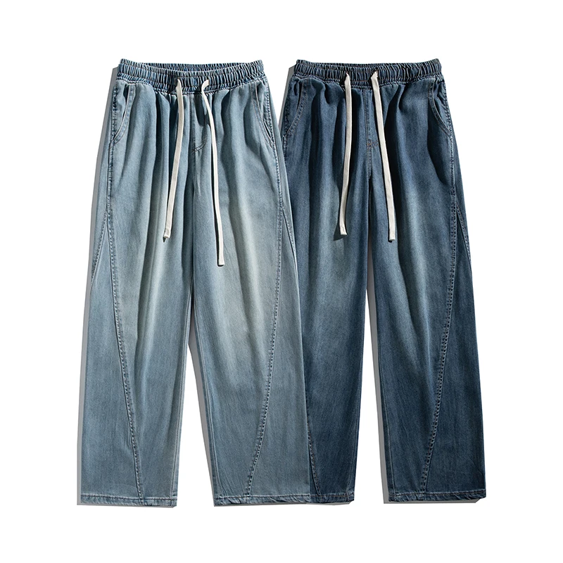 Summer Trend Lyocell Straight Jeans For Men Full Elastic Waist Split Seam Splicing All Match Fashion Bottoms